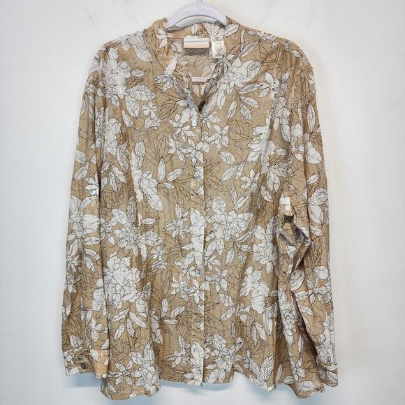 Alfred Dunner Floral Semi Sheer Shirt Size 22W Beige Button Up Long Sleeve Coast - Picture 1 of 10